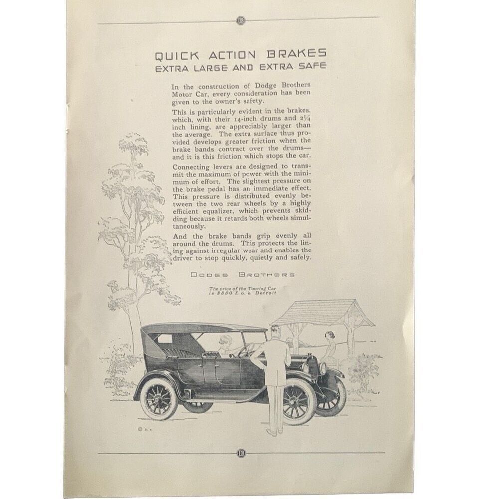 Vintage 1923 Dodge Quick Action Brakes Ad Advertisement